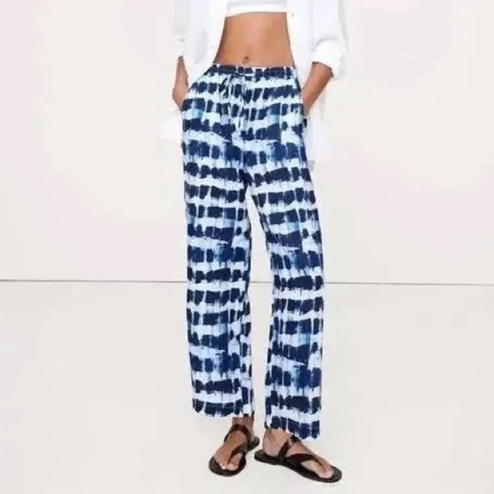 Banana Republic 100% LINEN WIDE LEG ANKLE PANT NWT Blue Shibori size L Coastal
